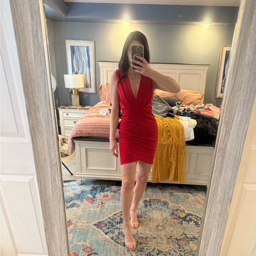 Lulus Red Body Con Wrap Front Deep V Wrap Skirt NWT Bodycon Mini Dress